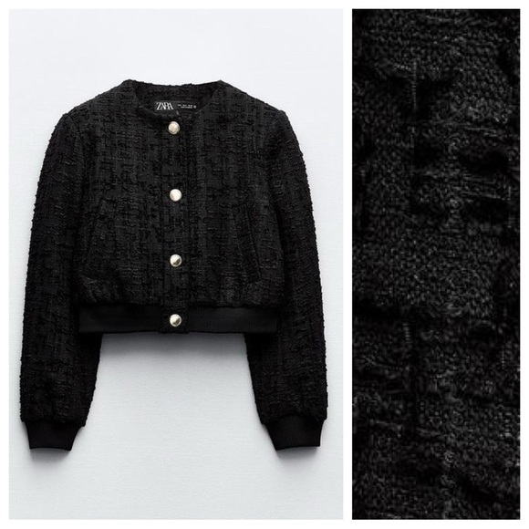 NWT. Zara Black Viscose/Wool Bland Embossed Fabric Cropped Bomber Jacket Size S. - Picture 3 of 12